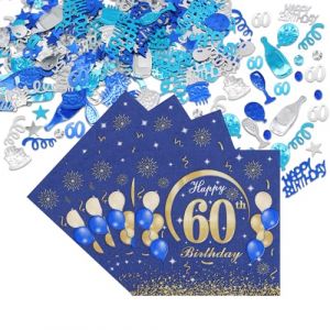 Scettar 50 Pi&egrave;ces Serviettes Anniversaire 60 Ans Avec D&eacute;coration color&eacute;e, Bleu-or Papier Serviette de Table Serviette Vaisselle Jetable,decoration anniversaire 60 ans (XWF Store, neuf)