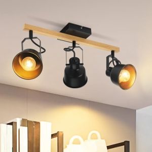 GBLY Plafonnier Spot 3 Flammes Noir : Plafonnier Vintage Pivotant 350° MAX.25W Douille E14 Spot Bois Industriel Barre pour Salon Chambre Bureau (sans Ampoule) (Gefunden, neuf)