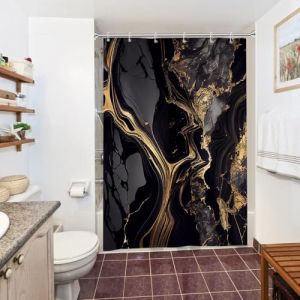 Uiiooazy Rideau Douche Noir Doré, Rideau de Douche Anti Moisissure 150x200cm Effet Marbre Gris Moderne Rideaux de Baignoire Tissu Lavable Imperméable Polyester Rideaux Salle de Bain avec 10 Crochets (dongguibinjingpinxiaodianpu, neuf)