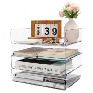 Aevcvok Lot de 4 Corbeille a Courrier Empilable - Bac a Courrier A4 Transparente - Banette Bureau - Rangement Bureau, Maison, École (Avokuya, neuf)