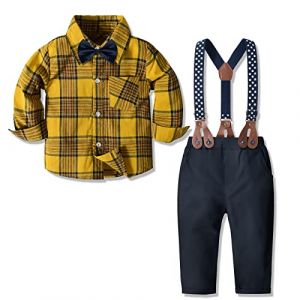 Tenues bébé garçon Chemise à Carreaux + Noeud Papillon + Bretelles + Pantalon 4 pièces Enfant en Bas âge garçons Enfants Costume de Tenue Gentilhomme （Jaune ， 18-24 Mois） (Yilaku FR Store, neuf)