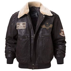 FLAVOR Veste en Cuir V&eacute;ritable Homme Bombardier Blouson Aviateur Col amovible (S, Marron fonc&eacute;) (FLAVOR Leatherwear, neuf)