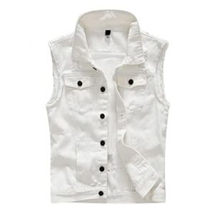 Oanviso Veste Denim Sans Manches pour Homme Gilet en Jean D&eacute;chir&eacute; Blouson en Jean avec Poches D&eacute;contract&eacute;e Vintage Jean Gilet Veste Punk Style Gilet Denim de Moto Outdoor Jean Gilets H Blanc 3XL (Shopping tide, neuf)