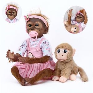 HUYRP Bebe Reborn Monkey Baby 22 Pouces 55cm Poup&eacute;e Reborn Baby Dolls Poup&eacute;e Reborn R&eacute;aliste Faite &agrave; La Main Cadeau pour Enfants (Singe Femelle) (ZXT TOY, neuf)