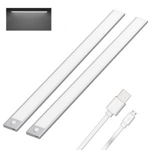 Klighten 2 Pcs Lampe de Placard 113 LED, 60cm, Sans Fil, Rechargeable USB, Aimanté, Détecteur de Mouvement, 3 Modes d’Éclairage, Portable, Lumière de Placard, Baladeuse de Secours, 5800-6200K, Argent (ROBONE, neuf)