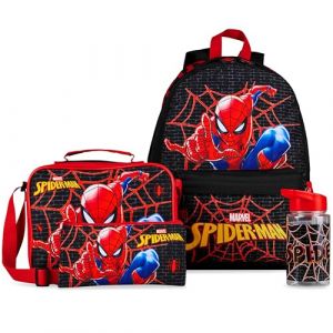 Marvel Spiderman Sac à Dos Enfant Set 4 Pièces Cartable Garçon Gourde 400ml Trousse Scolaire Sac Repas Isotherme Fournitures Scolaires (Get Trend., neuf)