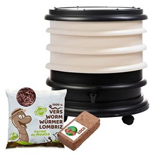 WORMbox | Lombricomposteur 3 Plateaux Ivoire + 500gr de vers de Compost + 1 Bloc Coco | 48 litres | Compostez Vos déchets organiques, Les vers de Terre/lombrics produisent du lombricompost (Ferme du Moutta, neuf)