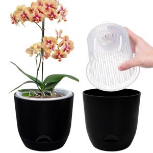 QCQHDU 2Pack Pot pour Orchidées Transparent, 18,3 Cm Pot De Fleur Intérieur, Bac À Réserve d'eau pour Plante Intérieur, Double Couche Auto-Irrigation avec Circulation d'air Optimale（Noir Pur） (ONOME, neuf)