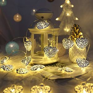 Kingcoo Guirlande lumineuse à LED marocaine en forme de cœur en métal argenté 20 LED blanc chaud Fonctionne avec piles Pour extérieur et décoration de Noël (KINGCOO-Direct, neuf)