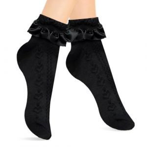AFCJLTO 1Paire Chaussettes en Dentelle &agrave; volants pour Filles, chaussettes &agrave; volants, Chaussette Fille en Coton Douce Respirant, Socquettes Dentelle Chaussette &agrave; Volants, Chaussettes de Princesse, noir (JING DAYU, neuf)