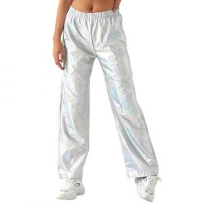 NewL Pantalon Hip Hop Brillant pour Femme - Effet mouill&eacute; m&eacute;tallique - Jambe Large - Style r&eacute;tro Disco - Hippie Club - Jambe Droite - Streetwear, Chrome, L (NewL, neuf)