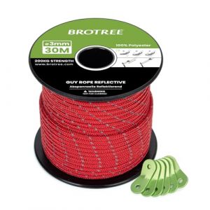 Brotree Corde Tente Camping 3mm 30m avec 6 x Tendeur Corde Tente - Réfléchissant Rouge (Brotree EU, neuf)