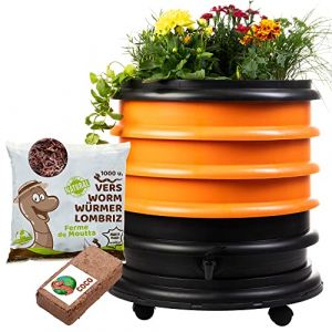 WORMbox | Lombricomposteur 3 Plateaux Orange + Jardinière + 500gr de vers de Compost + 1 Bloc Coco | 48 litres | Compostez Vos déchets organiques, Les vers de Terre/lombrics/lombricompost (Ferme du Moutta, neuf)