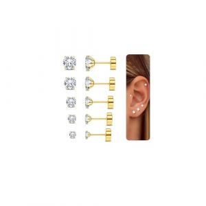 CASSIECA 5 Paires Acier Inoxydable Boucles d&rsquo;Oreilles pour Homme Femme Unisexe Boule Helix Clous d&rsquo;Oreilles Ronde Cartilage Piercing Oreille CZ, 2-6MM (Yanjia EU, neuf)