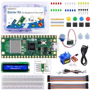 GeeekPi Kit de d&eacute;marrage pour Raspberry Pi Pico 2W (Inclus), Dual Arm Cortex-M33 et microcontr&ocirc;leur Dual Hazard3 RISC-V, avec tutoriel d&eacute;taill&eacute;, 159 &eacute;l&eacute;ments, 9 projets, Python C Code (GeeekPi-FR, neuf)