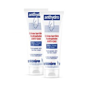 SORIFA - Lot de 2 - ANTHYDRO - Crème Barrière - Protection ANTI-EAU – ANTI-FROTTEMENT - Mains, visage et corps – Haute tolérance - Sans parfum -Tube 125 ml (DERMACARE-PRO, neuf)