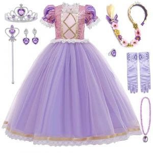 Fille Robe de Princesse Raiponce Costume Raiponce Enfant avec Accessoires Déguisement Raiponce Filles Anniversaire Fête Halloween Noël Partie Carnaval Cosplay Robe de Soirée,01-140 (yufanzhenmaoyi, neuf)