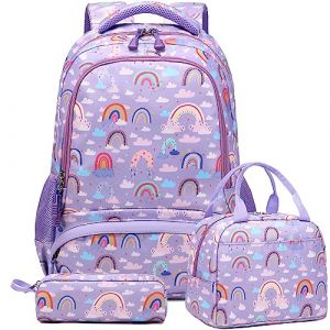 Kimwadalh Cartable Fille Sac &agrave; Dos Primaire Enfant Filles Sacs d'&eacute;cole pour Filles Cartable Fille Arc-en-ciel,3 en 1 Sac &agrave; Dos Scolaire,avec Sac &agrave; Lunch et Trousse (Shinetone, neuf)