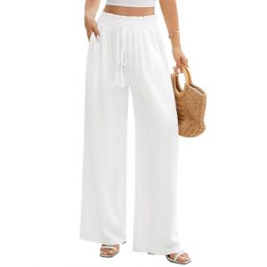 UMIPUBO Pantalon Lin Femme Été Coton Chanvre Décontractés Large Pantalons Fluide Elegant Chic Taille Haute Élastique Pantalon Léger Jogging Pants de Plage avec Poches (Beige, S) (Bukely, neuf)