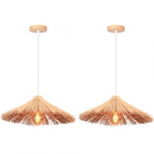DLGLOLIN Lot de 2 Suspension Luminaire Intérieur Bohème Lustre en Bambou Naturel Lampes Suspendues en Paille E27 Bois Plafonnier pour Restaurant Salon Chambre Café (DLGLOLIN, neuf)