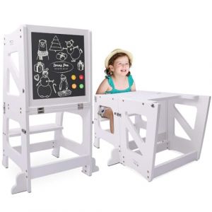 YOLEO Tour d'apprentissage Transformable, Pliable, Tour d'observation pour Enfants Montessori Learning Bois Naturel Kitchen Helper avec Tableau Noir et Blanc,Table et Chaise pour Enfant (Blanc) (Marstek Supplies EU, neuf)