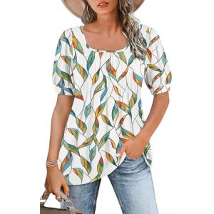 WNEEDU Tee Shirt Femme col Carré Tunique Femme Été T-Shirt Manches Courtes Chemise Fluide Plissée Hauts Chic Élegant Ample Top Feuille Bleue Jaune XXL (WNEEDU EU, neuf)