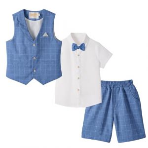 LOLANTA 4 pièces Costume Enfant Garcon Mariage Ete, Vetements Garcon Ceremonie, Short Gilet Chemise nœud Papillon, 7-8 Ans, Bleu Ardoise, Fabricant 130 (LOLANTA, neuf)