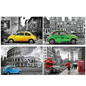 DCIDBEI de 4 Diamond Painting Voiture Ancienne Tableau Perle Jaune Diamant Auto London Bus Rouge Broderie Paysage Italie Rome Tableau Perle Diamant Paysage London voiture (BEIMIN, neuf)