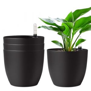 T4U 4 Pcs Pot à Réserve d'eau Rond en Plastique Noir 18 cm, Pot de Fleurs d’Extérieur et d'Intérieur avec Indicateur de Niveau d'eau Convient aux Jardins de Balcon (Mucihome-europe, neuf)