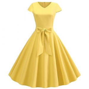 Robe de cocktail élégante des années 1950 pour femme, robe rockabilly, robe décontractée à col en V, manches courtes, coupe trapèze, taille haute, robe de soirée, robe de bal pour femme, a-jaune, S (TEELONG, neuf)