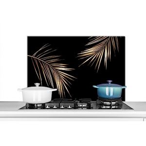 KitchenYeah&copy; Fond de Hotte 90x60 cm Aluminium Cr&eacute;dence Cuisine D&eacute;coration Murale Cr&eacute;dence Plaque de Cuisson Anti Projection Feuilles - Plantes - Or - Noir - Luxe (KitchenYeah, neuf)