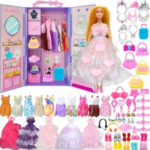 Yutoy Dressing Poupee, 63 Accessoire, Armoire Poupee, Convient aux Poup&eacute;es Filles 11,5", pour Les Vetement Poup&eacute;e, Inclut Princesse, Robe, Sacs, Chaussures, Cintres, Peignes （Violet） (Yutoy, neuf)
