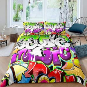 Homemissing Hippie Graffiti Housse de Couette Adolescent Hip Hop Style Enfants Parure de Lit Garçon Doodle Modèle Housse de Couette 140x200cm Respirante Culture dans la Rue thème Ensemble de Literie (Bofanshangmao, neuf)