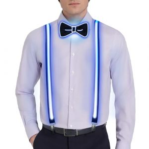 Meleager LED Bretelles Homme, Cravate Lumineuse, 2 Pi&egrave;ces LED Bretelle Noeud Papillon Bleu, 3 Modes de Flash, R&eacute;glable &Eacute;lastique Bretelles, Accessoire de Costume pour No&euml;l, Halloween, Carnaval (WEIMEIYING, neuf)