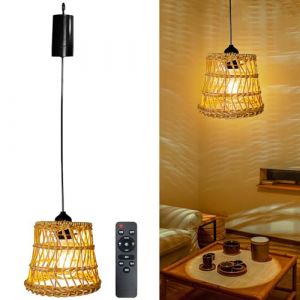 BORDEAG Rotin Lampe Suspendue, E27 Lampe Suspension Luminaire Lustre Bohème Lampe À Suspension Décorative Vintage Rotin Rétro Lustres Avec Télécommande Pour Patio Bar Jardin (CEANNA, neuf)