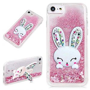 LCHDA Coque pour iPhone 7 8 Oreille Lapin avec Liquide Paillette Rose Brillant Flottant Sable Mouvant Bling Mignon 3D Rabbit Bunny Support Stand Crystal Silicone Housse Etui Case pour Femme Fille (LCHDA-EU, neuf)
