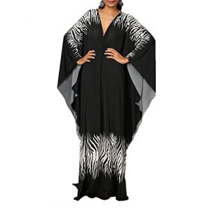Bsubseach Caftan Femme Robe de Plage Grande Taille Longue Kaftan Maxi Ete Cache Maillot de Bain Djellaba Tunique Bohème Boho Cover Up Imprimé Zèbre Noir (Bsubseach-EU, neuf)