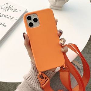 Emlivi Coque de protection pour iPhone 15 Plus - Coque cha&icirc;ne, avec bandouli&egrave;re en nylon - En silicone TPU liquide - Avec cordon de suspension, bande &eacute;l&eacute;gante - Pour iPhone 15 Plus - Orange (Emlivi, neuf)