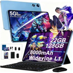 2026 Tablette 10 Pouces Android, 128Go ROM(TF 2To)+ 22Go RAM , 5G WiFi Octa-Core 2.0GHz, 8000mAh, GPS, Gemini AI tablette, 5+8MP,Bluetooth 5.0,Widevine L1, Tablette Tactile avec Clavier+Souris（Bleu ） (DHUAJ CNOSK, neuf)