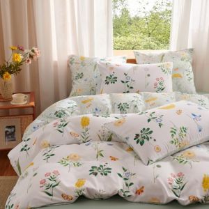 Freyamy Housse de Couette Fleurie 200x200 Blanc Vert Feuilles Floral Parure de lit 2 Personne en Microfibre avec Fermeture &Eacute;clair R&eacute;versible Sets de Housse Couette avec 2 Taie d'oreiller 65 x 65cm (Mitchell'SZ, neuf)