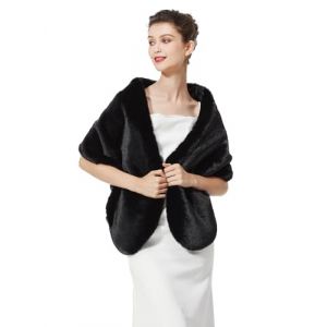 BEAUTELICATE Ch&acirc;le &Eacute;tole en Fausse Fourrure Cape Bol&eacute;ro De Femme Mariage Hiver sur Robe de Soir&eacute;e Mari&eacute;e C&eacute;r&eacute;monie F&ecirc;te Demoiselle d'honneur Grande Taille (Taille Unique, Am&eacute;lior&eacute; - Noir) (BEAUTELICATE-FR, neuf)