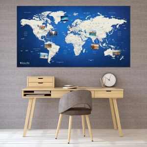 Carte du monde XXL comme tableau d'affichage | Épingler les destinations de voyage et les vacances | Carte en polaire élégante en bleu | 130 x 70 cm, dont 20 épingles de drapeau (Itchy Feet Shop, neuf)