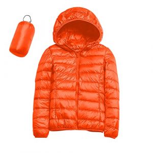 Doudoune L&eacute;g&egrave;re Femme D'hiver Chaude avec Capuche Plume Cintree Veste en Duvet Courte Grande Taille Duvet Jacket Pliable Fine Veste de Transition Rembourr&eacute;e et Doubl&eacute;e pour Montagne (01 Orange, S) (LDpOIQta, neuf)