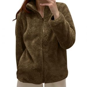 MOKBAY Manteau Femme Hiver Chic Vetement Cintr&eacute;e Laine Zipp&eacute;e Manteau Hiver Oversize Sherpa sans Capuche Mouton Caf&eacute; Pilou Pilou de Marque Veste Pilou Pilou Femme Caf&eacute; L (MOKBAY, neuf)