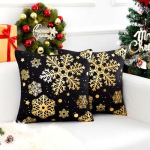 Chicamy Housses Coussin 40x40 No&euml;l Coussin Taie d'oreiller en Velours Joyeux Xmas Flocons de Neige Carr&eacute;es Housse de Coussin Double Face No&euml;l D&eacute;coratif pour Canap&eacute; Decoration (Noir Dor&eacute;, Lot de 2) (Inhobbok Home, neuf)
