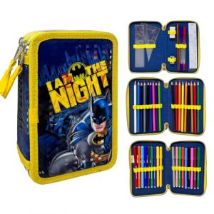 CARTOON Trousse multi-compartiments 3 fermetures éclair pour l'école complète 44 pièces stylos crayons couleurs marqueurs Giotto, Batman, trousse (Massi s.r.l., neuf)