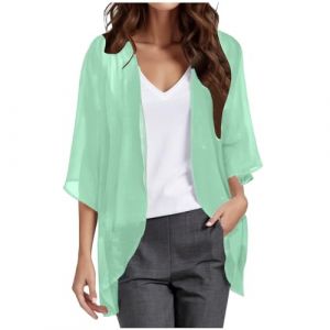 Cardigan Kimono en Mousseline de Soie pour Femme, Robe de Plage Haut Habillé d'été Ample Ouvert sur Le Devant Gilet Femme Chic et Elegant Couleur Unie Chemise de Plage (A05-Menthe Verte,L) (YHGAQTB, neuf)