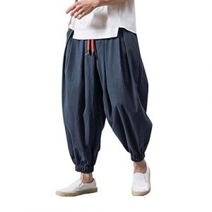 Pantalon sarouel baggy pour homme - Japonais uni pantalon de loisirs en coton et lin ample décontracté salopette de maison pantalon long respirant pantalon bouffant grande taille yoga taille élastique (Take Idea, neuf)