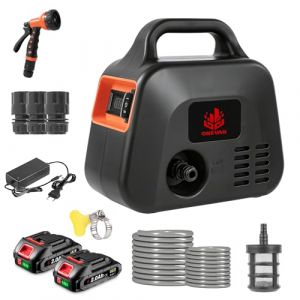 ONEVAN Pompe &agrave; Eau sur Batterie, 600L/h Pompe de Jardin sans Fil avec 2 Batteries de 2000 mAh, indicateur de Charge, 2 Vitesses, Pompe arrosage &eacute;lectrique Inclus buse 7 en 1, Tuyau et Filtre (HEQIEBXK, neuf)
