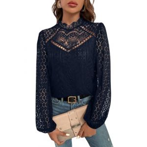 GORGLITTER Chemisier &eacute;l&eacute;gant pour femme - Col montant - Haut - Chemisier &agrave; manches longues - Dentelle - Tunique blouse avec manches lanternes, bleu fonc&eacute;, XS (SHENHE INTERNATIONAL, neuf)